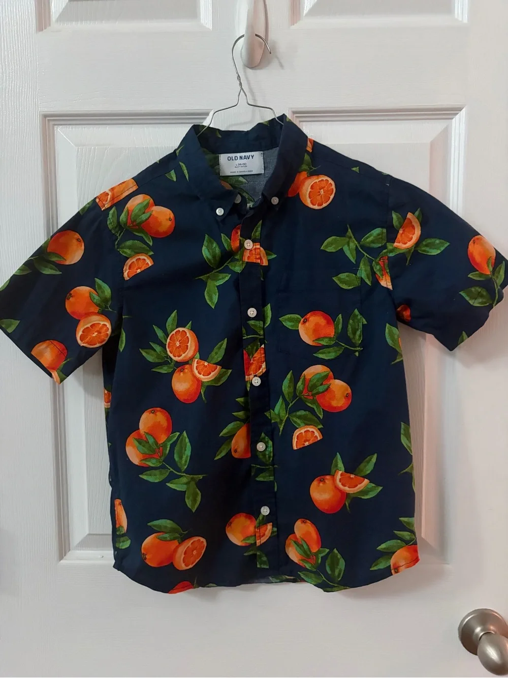 Old Navy Boys' Navy Orange Print Short-Sleeve Button-Up Beach Shirt